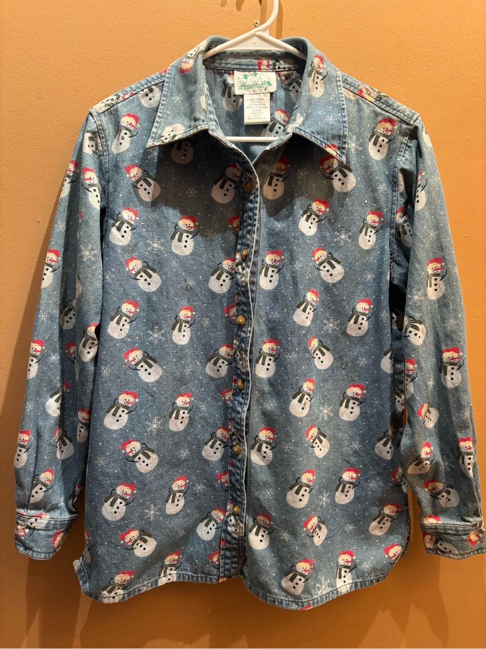 Quacker Factory vintage denim button-down shirt all-over snowman print Small